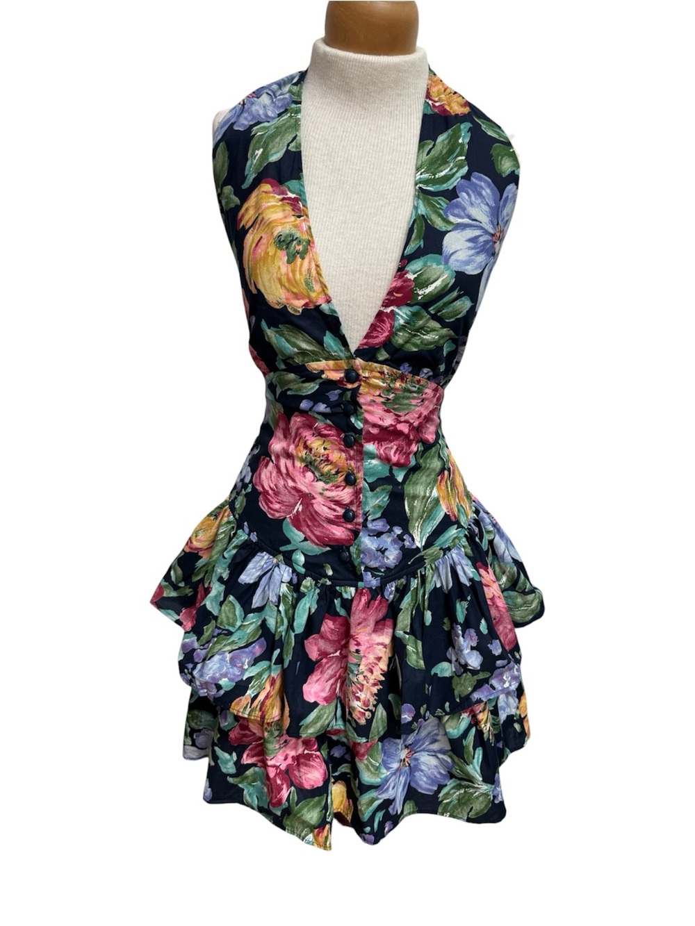Vintage Byer Too 80s 90s Halter Open Back Tiered Mini Dress Junior Size 7 Floral